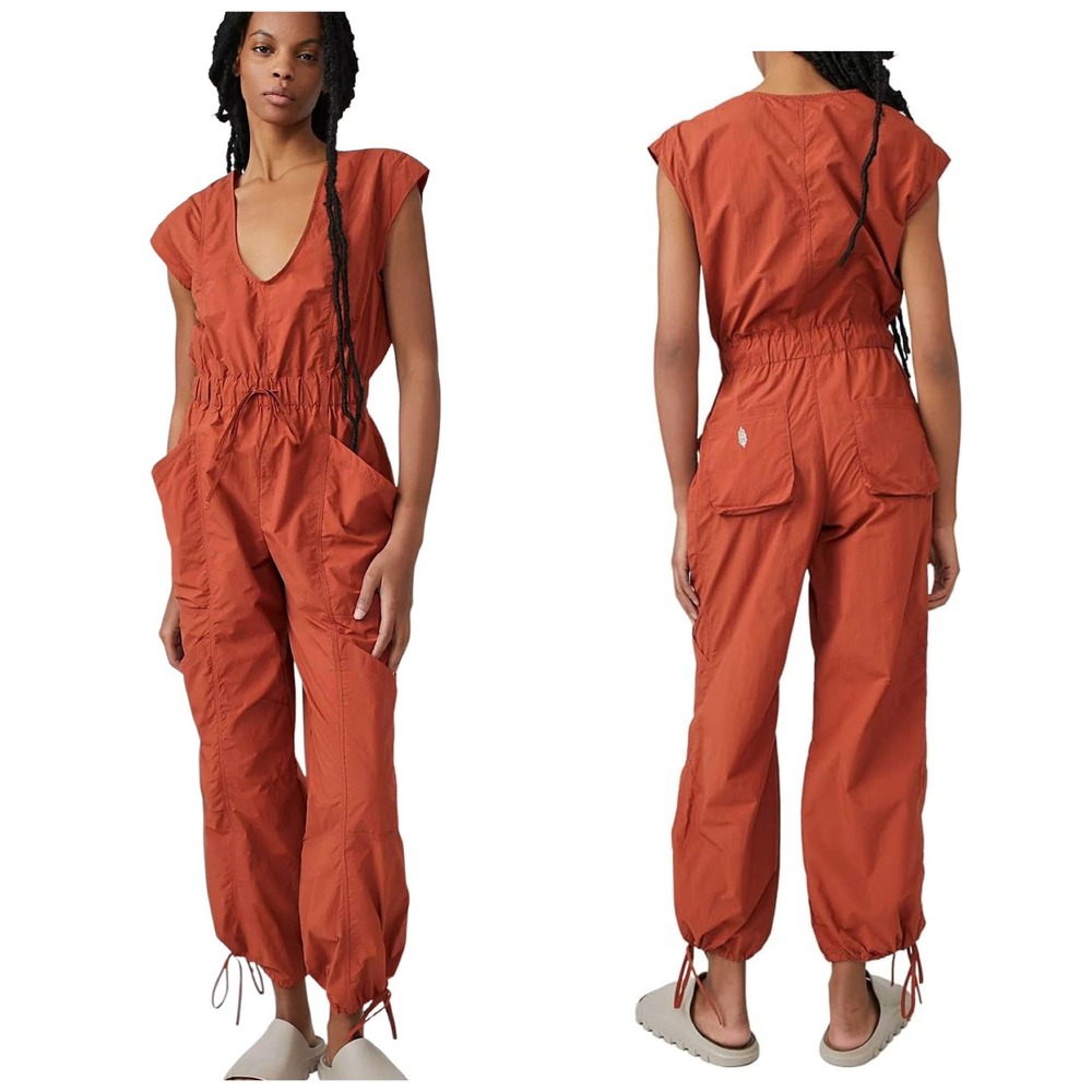 Free People FP Movement Fly By Night Jumpsuit Women S Rust Orange Utility Cargo